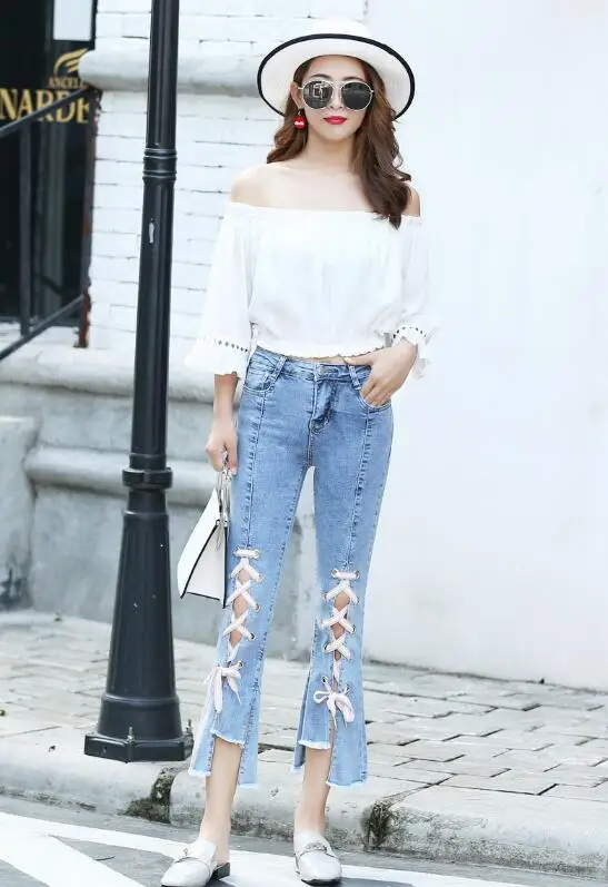 Women Jeans Fashion Split Flare Pants Slim High Waist Spring Ladies Denim Trousers For Woman |
