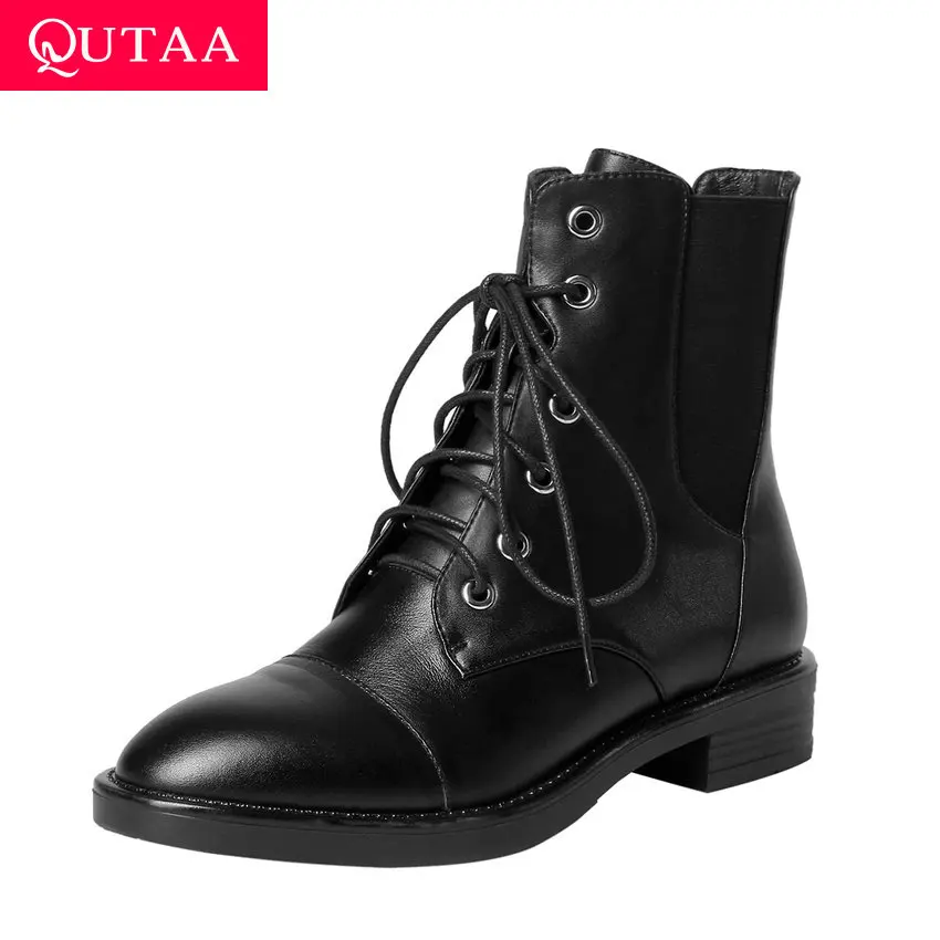 QUTAA/ г. Новая осенне-зимняя удобная женская обувь из коровьей кожи на низком каблуке со шнуровкой повседневные полусапожки с круглым носком размеры 34-39