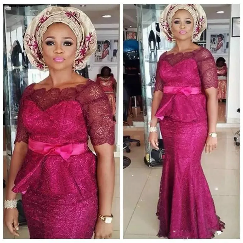 

2019 Cheap Fuchsia With Peplum Evening Dress Nigerian African Mermaid Long Holiday Wear Pageant Prom Party Gown Plus Size
