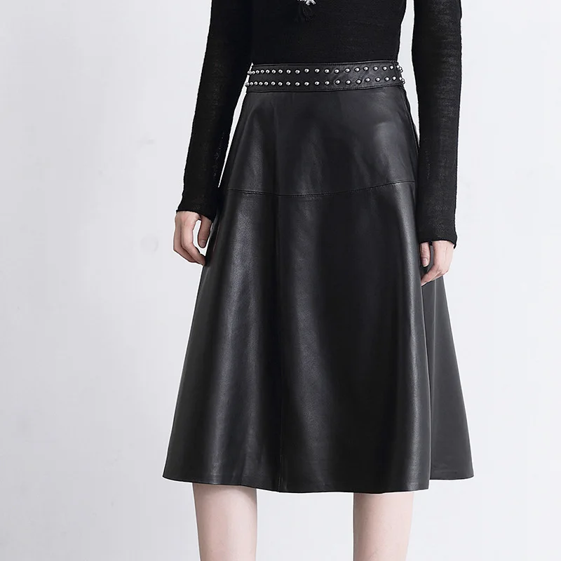 Осенняя и зимняя женская длинная юбка из натуральной овечьей кожи тонкая черная