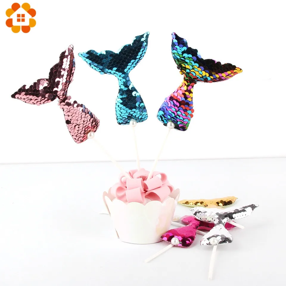 7Set/Lot Birthday Cake Toppers Cute Glisten Mermaid Theme Party Cupcake Decoration Tail Sequins Pearl Fashion Supplies | Дом и сад