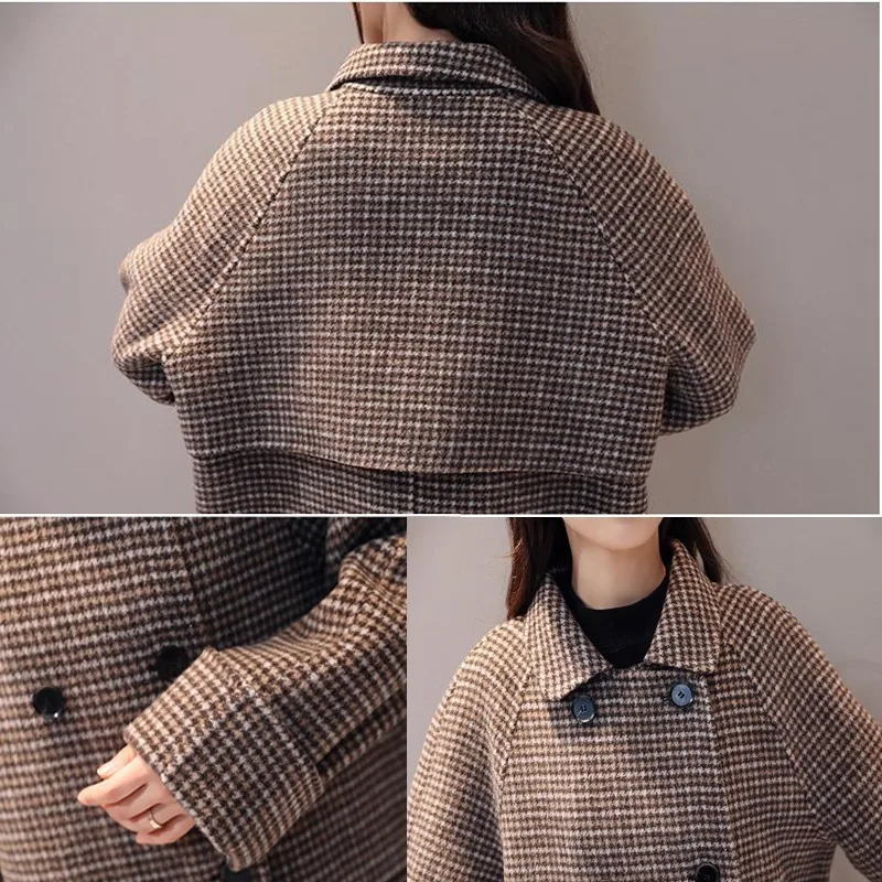 

Houndstooth Wool Coat Women Long Woolen Overcoat Elegant Winter Casaco Feminino Double Breasted Cashmere Jackets 2020 OKD306