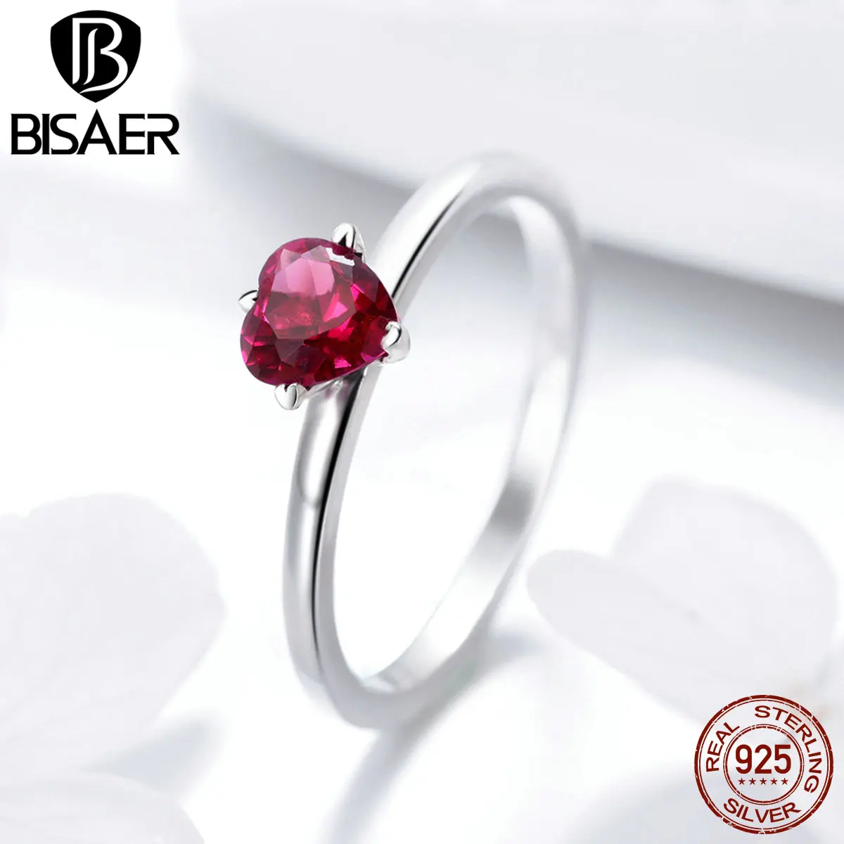 BISAER Настоящее серебро 925 проба любовные кольца в виде сердца для Для женщин розовый обручальное кольцо из кубического циркония бижутерия из натурального серебра Анель S925 ECR389