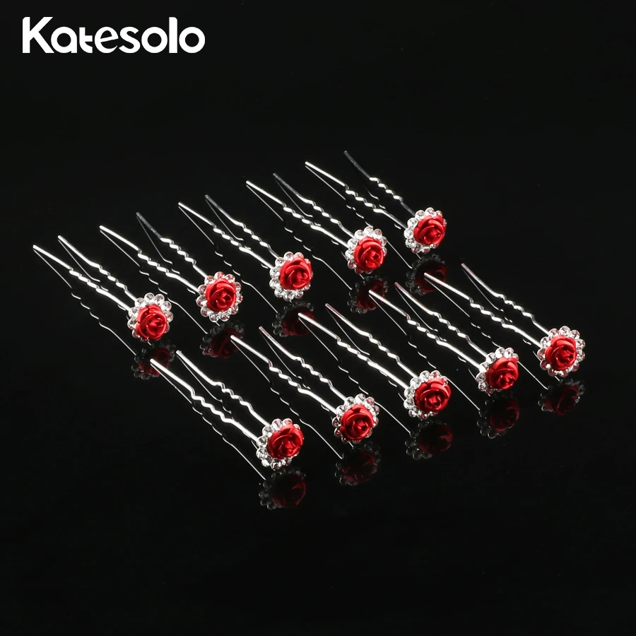 

Wedding Party Pageant Hair Jewelry Accessories 10Pcs/Set Crystal Rhinestone Rose Flower Hair pins Clips for Bridal Bridesmaid