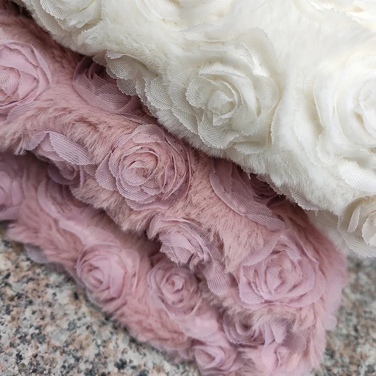 New Arrival Polyester 700 Gram Faux Rabbit Fur Embroidered Rose Flower Toy Sofa Pillow Handmade Sewing Fabric