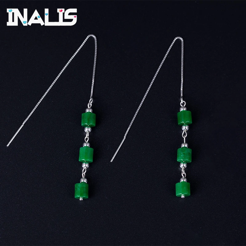INALIS New Unique Long Ear Line Chain Brincos S925 Sterling Silver Cylinder Emerald Jade Fashion Drop Dangle Earring Jewelry | Украшения и