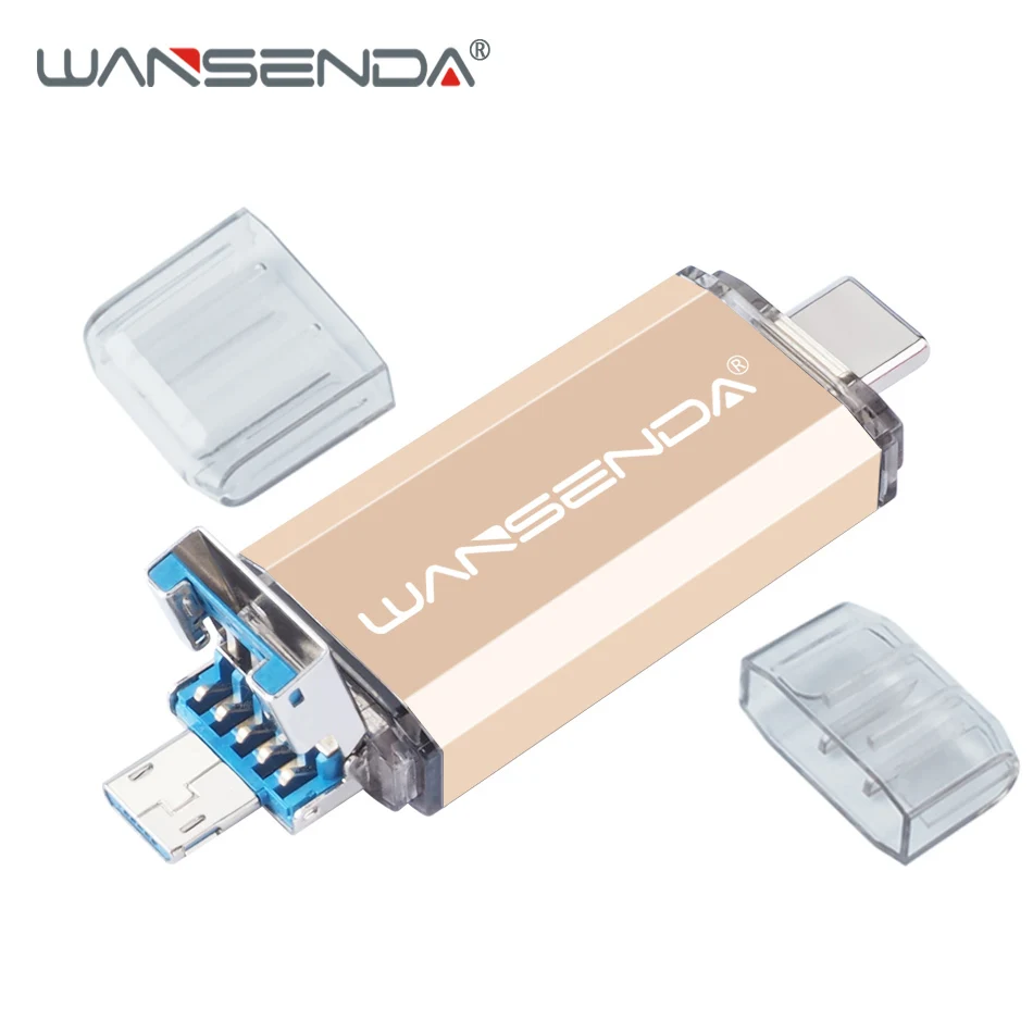 WANSENDA OTG 3 в 1 флеш-накопитель USB 3,0 usb-накопитель type-C 32 Гб 64 Гб 128 ГБ 256 ГБ 512 ГБ флеш-накопитель для Android мобильных устройств/ПК - Цвет: Золотой