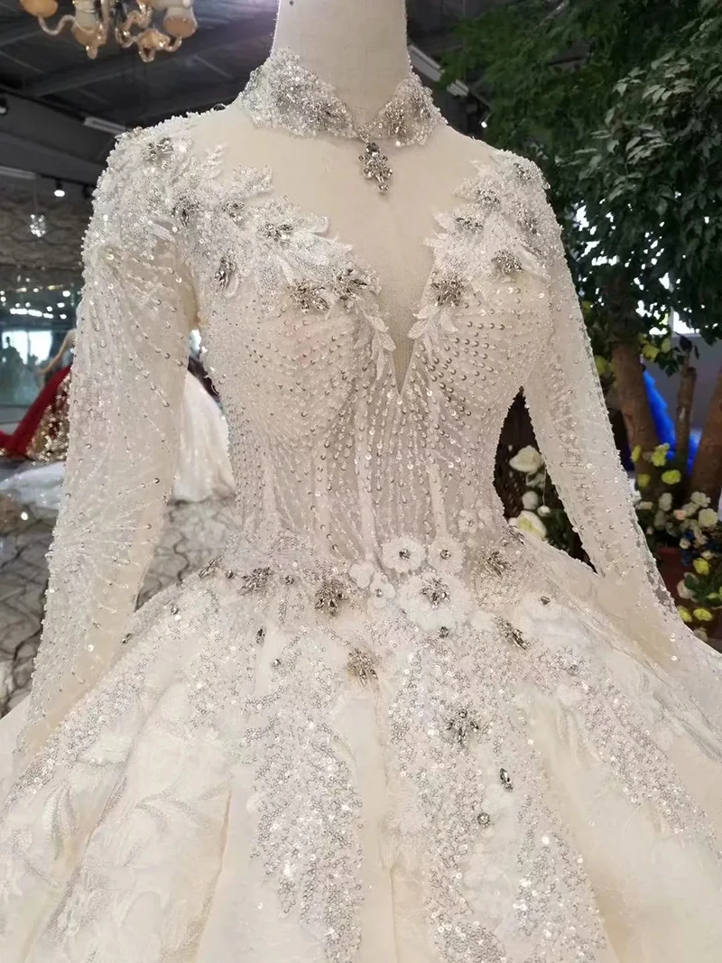 LS11201 Luxury Muslim Wedding Dress High Neck Lace Up Crystal Bridal Dress Wedding Gown Floor Length Pleat Skirt With Train 2021