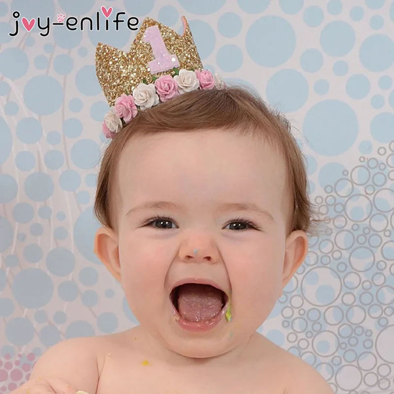 JOY-ENLIFE цветок корона головная повязка для новорожденных золотой день рождения корона От 1 до 3 лет Номер Priness стиль праздничный колпак аксессуары для волос новорожденного