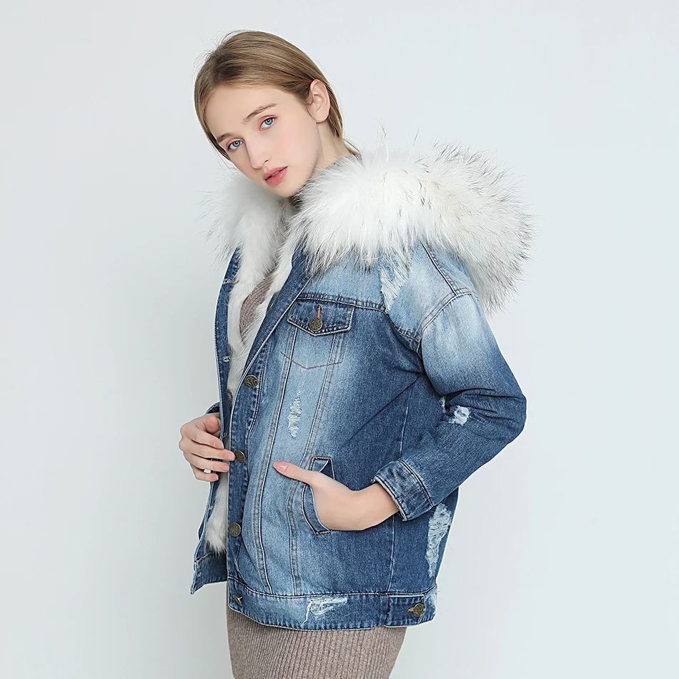 Куртка женская с капюшоном и большим мехом енота плотная теплая 2020|jacket coat women|denim
