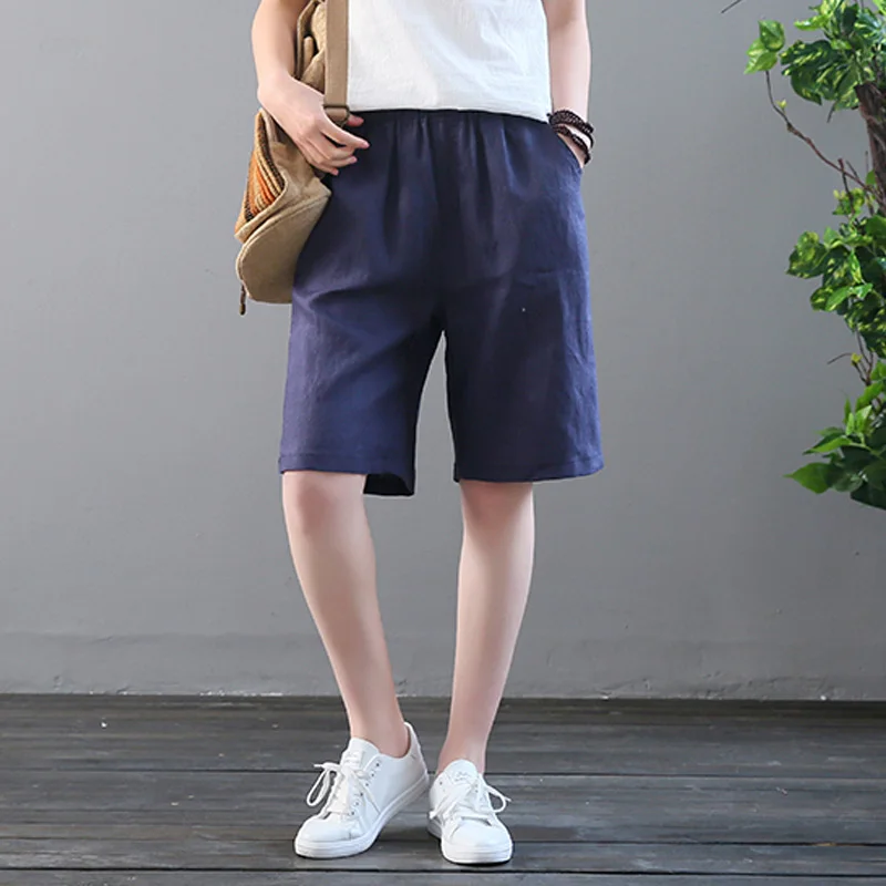 Navy Летние шорты Для женщин хлопковые льняные шорты Feminino Для женщин эластичным поясом домашние свободные Рубашки домашние большой Размеры с карманами - Цвет: Navy