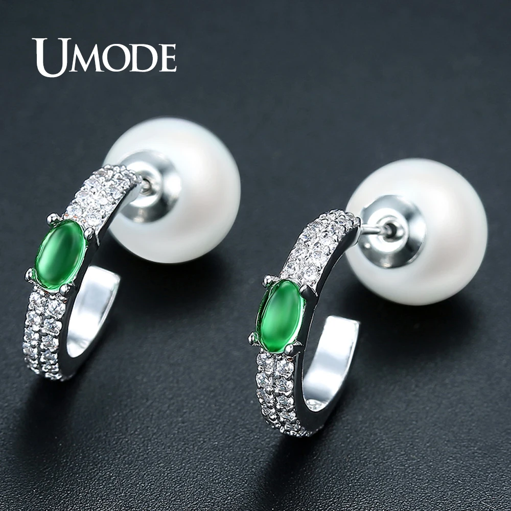 

UMODE Fashion Simulated-pearl Round Half Hoop Earrings Jewelry for Women Green Austrian Rhinestone Oorbellen Bijoux Femme UE0337