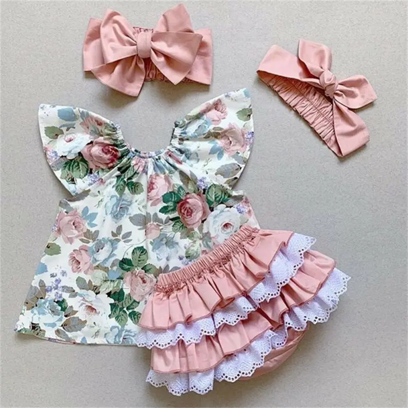 

0-3T Newborn Kids Baby Girl Floral Clothes set Ruffles Short Sleeve top and shorts Elegant Cute lovely Princess Outfits