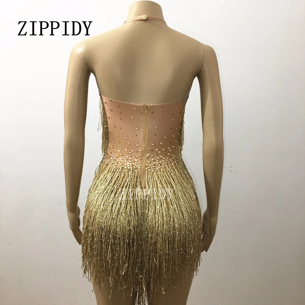 Sparkly Gold Tassel Bodysuit Rhinestones Outfit Glisten Beads Costume One-piece Dance Wear Singer Stage Leotard Headdress