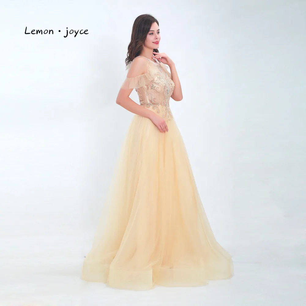 Lemonjoyce Elegant Champagne Evening Dress 2020 New Style O-Neck Top beading Illution A Line Floor Length Lady Prom Party Gown | Свадьбы и