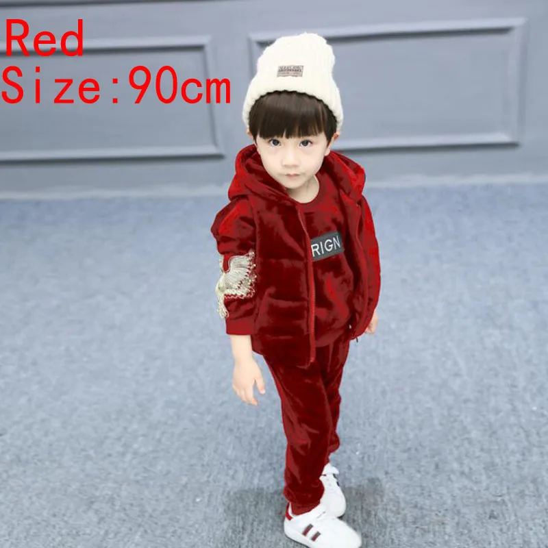 Red Size 90cm Новые зимние из трех частей детский повседневный комплект толстый теплый бархат мода детская одежда комплект - Цвет: Red Size 90cm