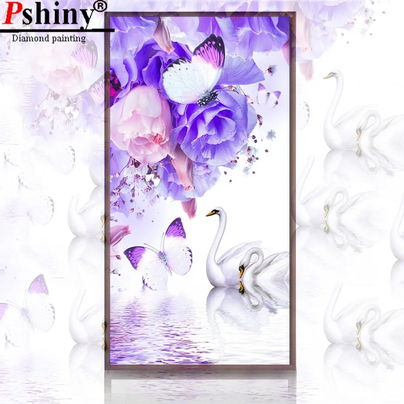 PSHINY DIY Алмазная вышивка Продажа фиолетовые цветы Белый Лебедь картины из
