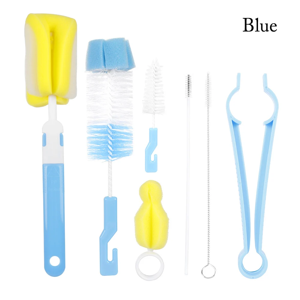7Pcs-blue 2/5/7/10 шт. детских бутылочек набор кистей детская соска 360-держатель с вращением на чистящей губкой носик чашки набор кистей бутылки Чистый инструмент - Цвет: 7Pcs-blue