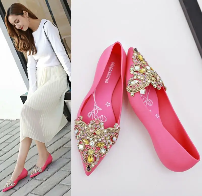 Women's Soft Rhinestones Crystal Pointed Toe Flat Sexy Loafers Sandals Jelly Candy Colors Casual Party Shoes Summer A1090