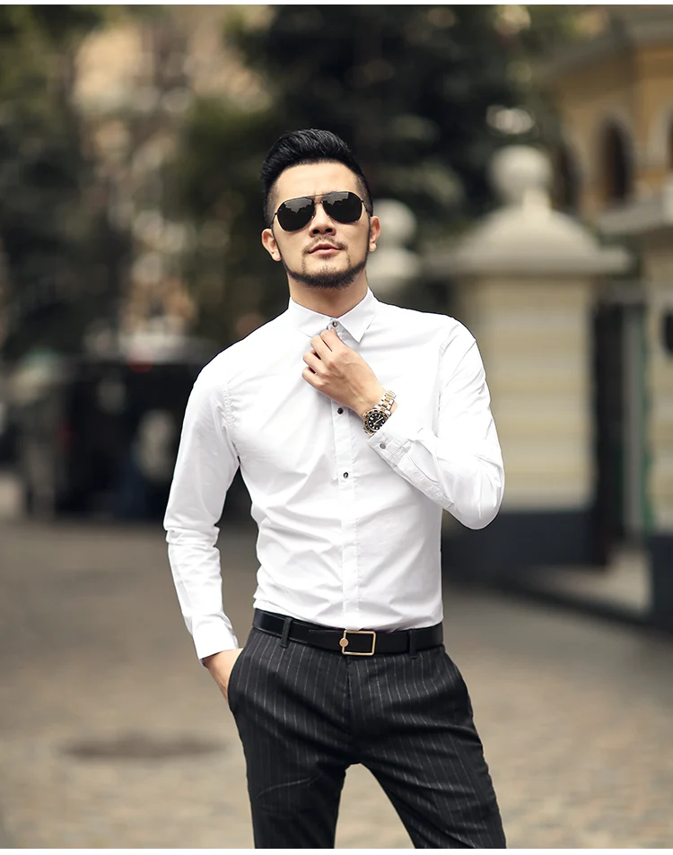 Новые осенние модные брендовые Для мужчин Костюмы Slim Fit Для мужчин рубашка с длинными рукавами Для мужчин однотонные хлопковые Повседневное Для мужчин рубашка социальной S2143
