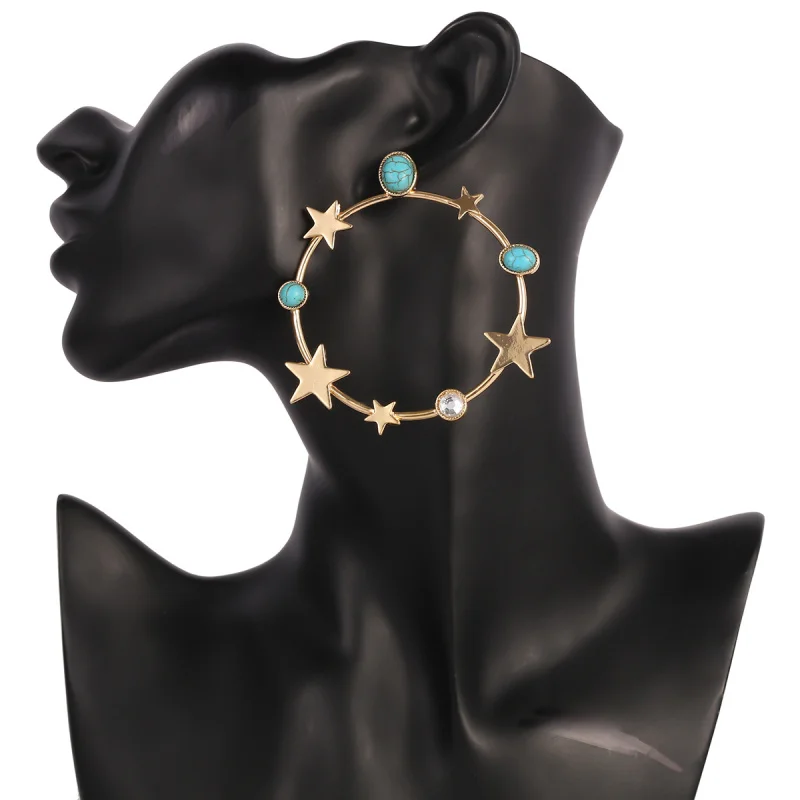 JLWER Jewelry Silver Gold Blue Stone Big Circle Round Hoop Earrings Basketball Creole Five pointed Star Stud for Women | Украшения и