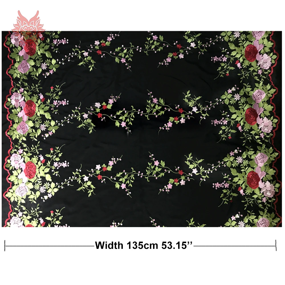 Пасторальный черный с зеленым красным цветочной вышивкой хлопок шелковая ткань
