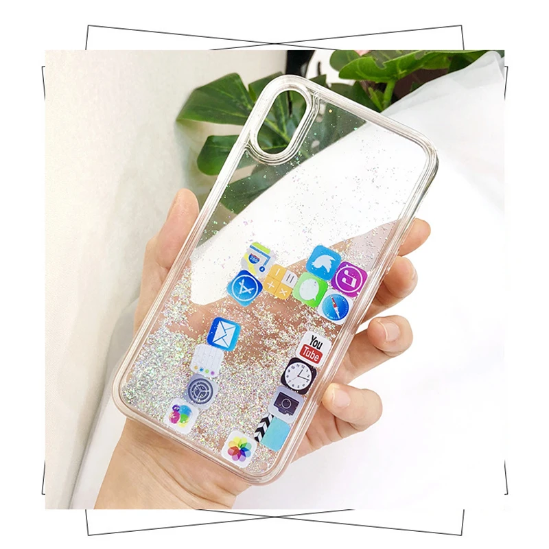 Luxury brand Stylish Funny Mobile Application Lcons Phone Case For iphone XS MAX 8 7 6s Plus Dynamic Liquid Quicksand Back |