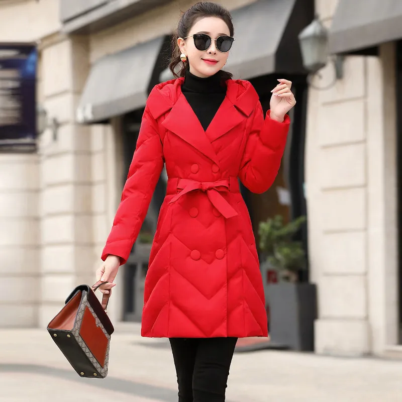 

UHYTGF Winter Womens Outerwear fashion New luxury Down jacket Warm Coat Parker Female Hooded Double-breasted Slim Lady coat 1077