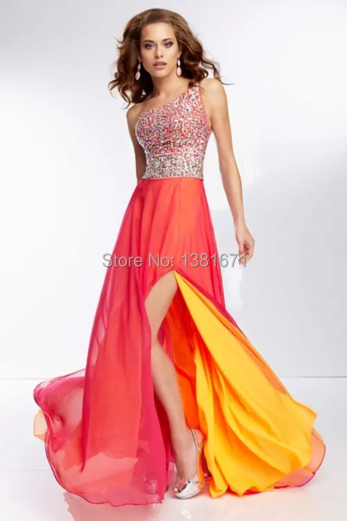 One Shoulder Beading Tops Color Block Summer Slit Long Chiffon Evening Dress 2014 Vestido De Renda | Свадьбы и торжества