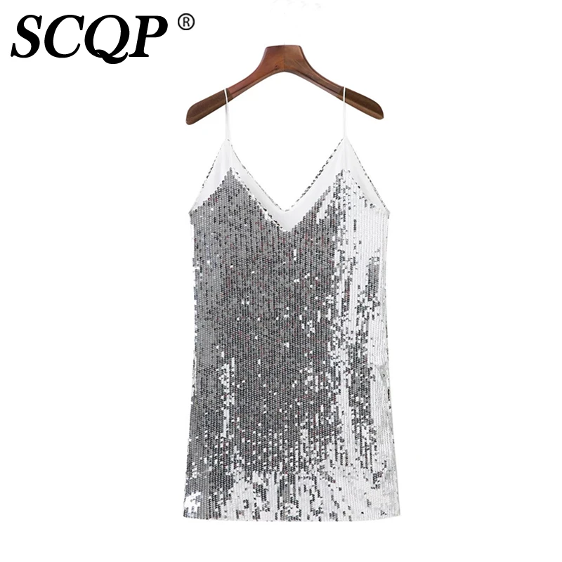 SCQP Блестками Рукавов Блестящие Slip Dress Женская Спинки Сексуальная Элегантный