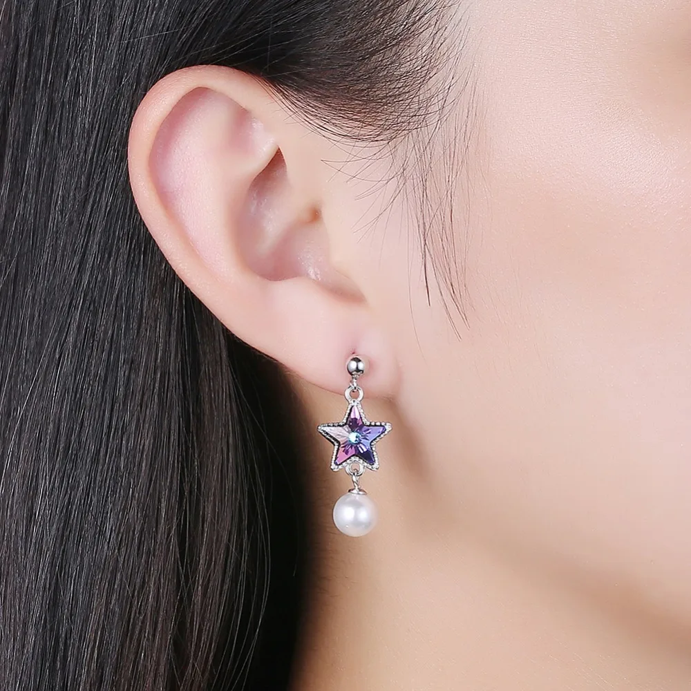 Женские асимметричные серьги Swarovski подвески с фиолетовыми звездами и жемчугом