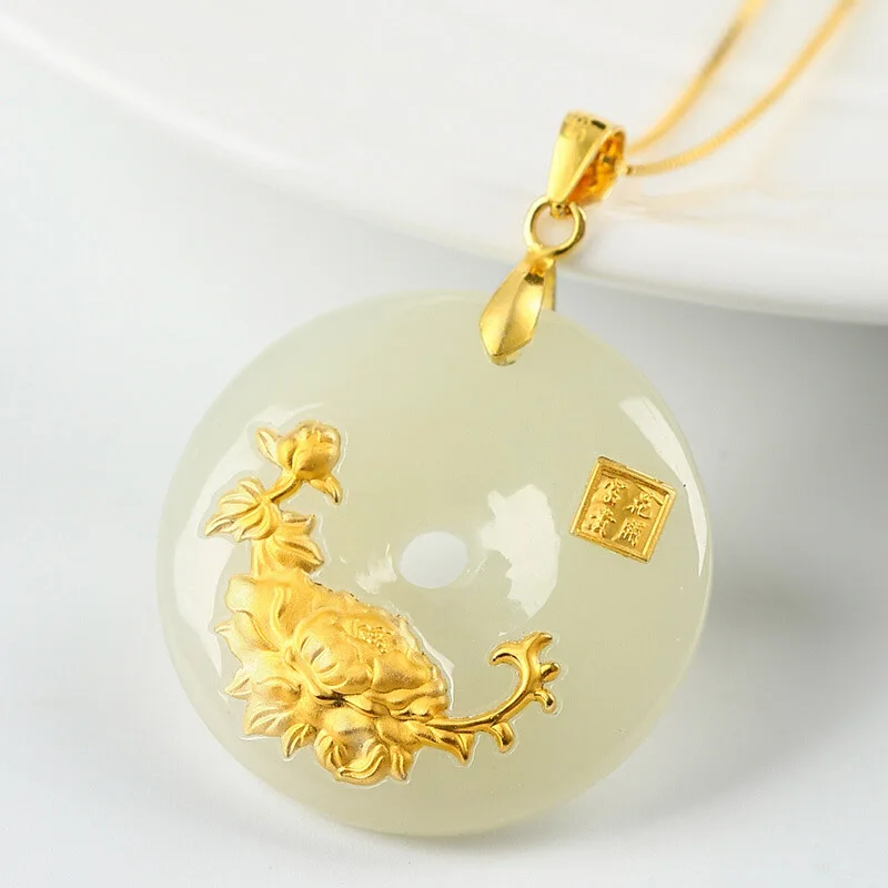 Кулон на пуговицах Hetian Jade ожерелье для влюбленных амулет удачу 24K золото оптовая