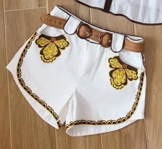 short Хит, Женская белая рубашка с вышивкой и отложным воротником, топы, роскошные шорты с заклепками, праздничный комплект, летний подиумный Дизайнерский Костюм из 2 предметов - Цвет: short