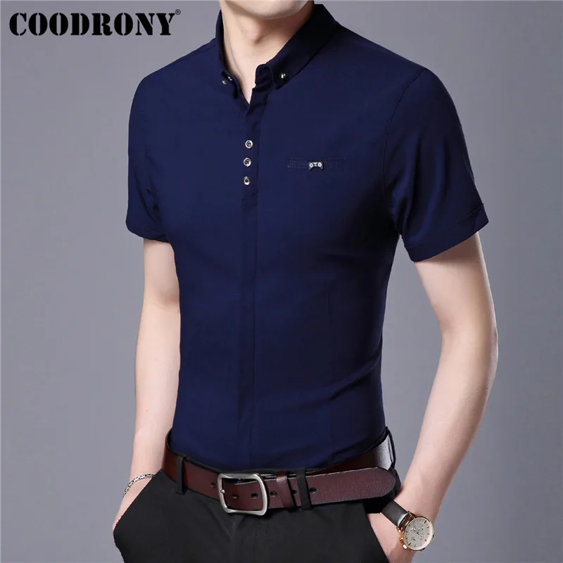 COODRONY, хлопковая Мужская рубашка, деловые повседневные рубашки, весна-лето, с коротким рукавом, мужская рубашка с карманом, Camisa Masculina, блузка S96003