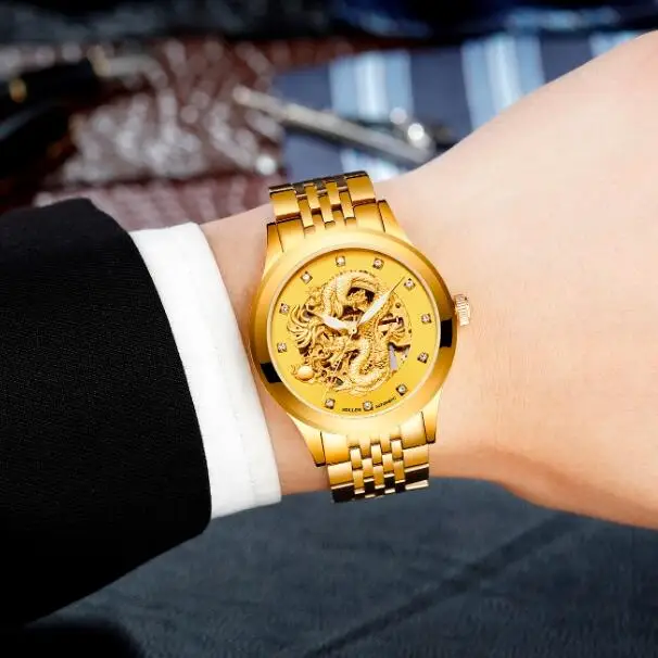 

watch men SOLLEN 602 brand mechanical watches waterproof luxury hollow fashion luminous gold dragon male wristwatches gift 602