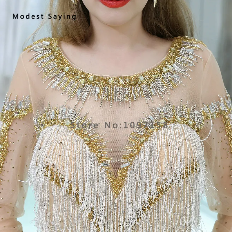 Goede 2018 Nieuwe Collectie Luxe Champagne Sparkly Lange Mouwen Avondjurken Miss Universe Jurk Prom Gown Kralen Kwastje Broek Broek