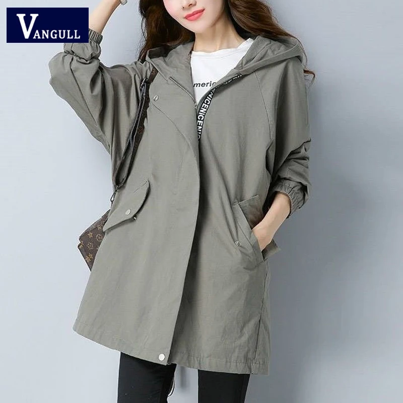 Vangull Women Trench Coat Female Long Sleeve Thin Hooded Wind Coat Autumn New Plus Size Loose Zipper Adjust Waist Outerwear