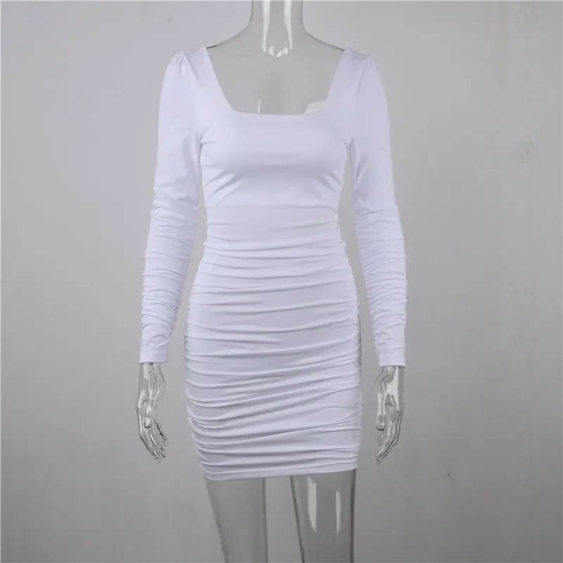 Nadafair с длинным рукавом Мини бодикон платье открытая спина Ruched Клубное белое платье обтягивающее сексуальное вечернее платье для женщин