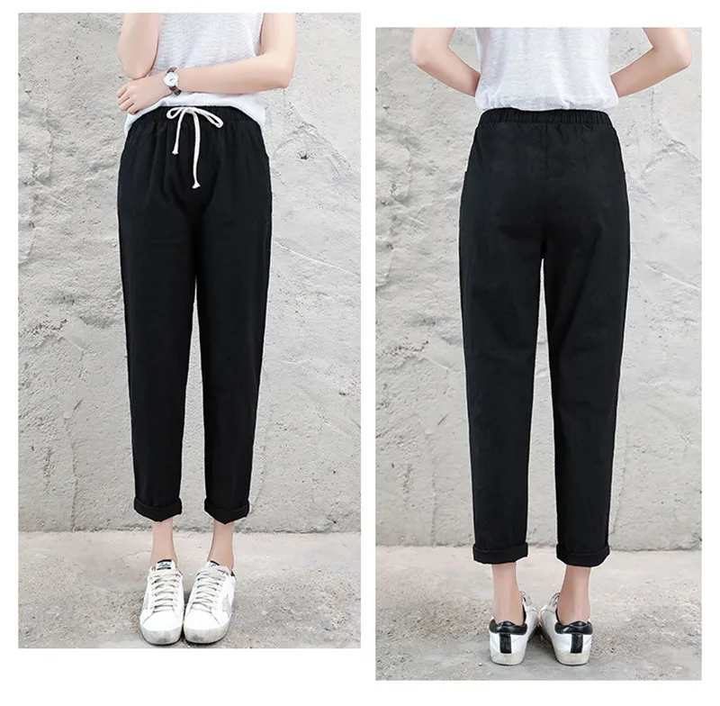 Pantalon Femme, хлопковые и льняные брюки, женские летние штаны-шаровары на шнуровке, потертые тонкие повседневные женские штаны, женские спортивные штаны C4342