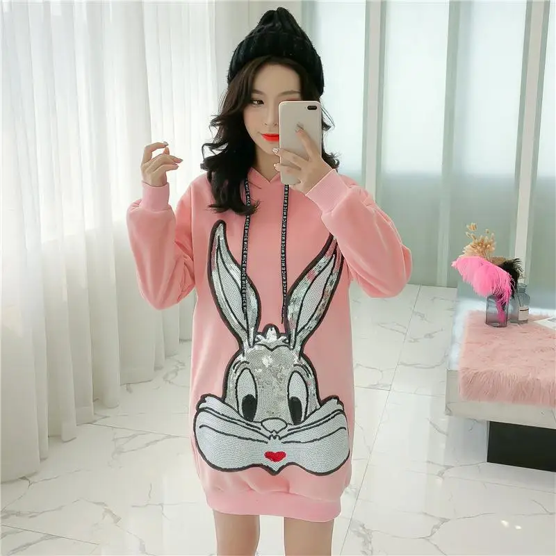 2018 Новинка зимы Модные свободные Кролик Кот блесток золото бархат толстовка