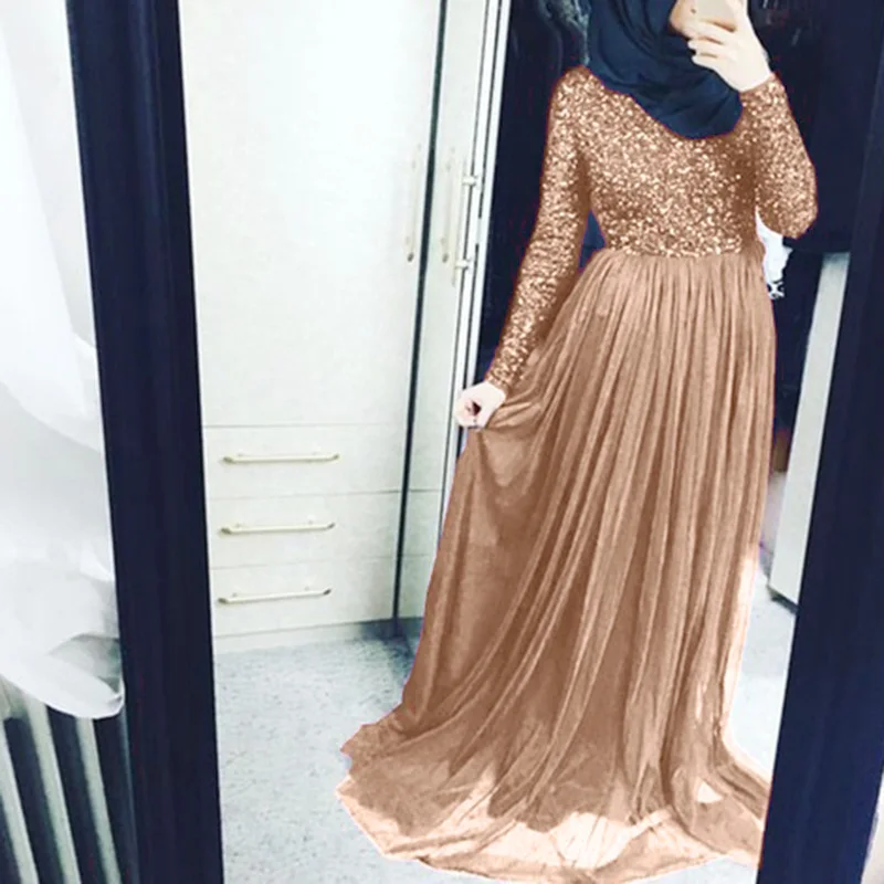 Женское платье с длинным рукавом фатиновые макси платья блестящие Исламские