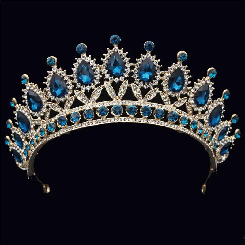 Gold Peacock blue Модная повязка на голову с синими кристаллами в стиле барокко для королевской королевы, диадема и короны, свадебная диадема, свадебные украшения, аксессуары для головы - Окраска металла: Gold Peacock blue