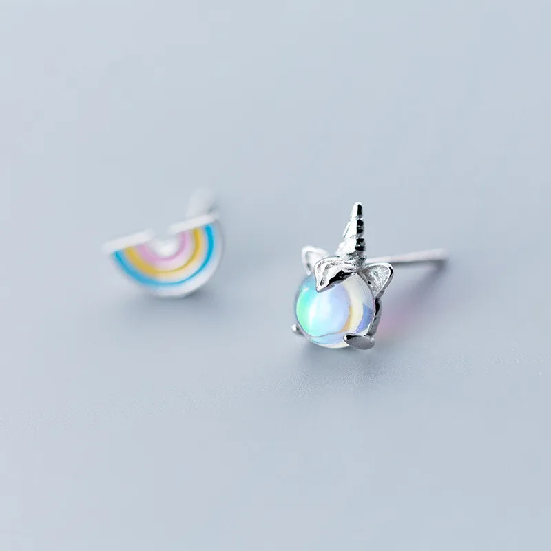 

925 Sterling Silver Asymmetric Rainbow Unicorn Stud Earring For Women Wedding Gift Ear Pierced Earrings Fashion Jewelry eh1133