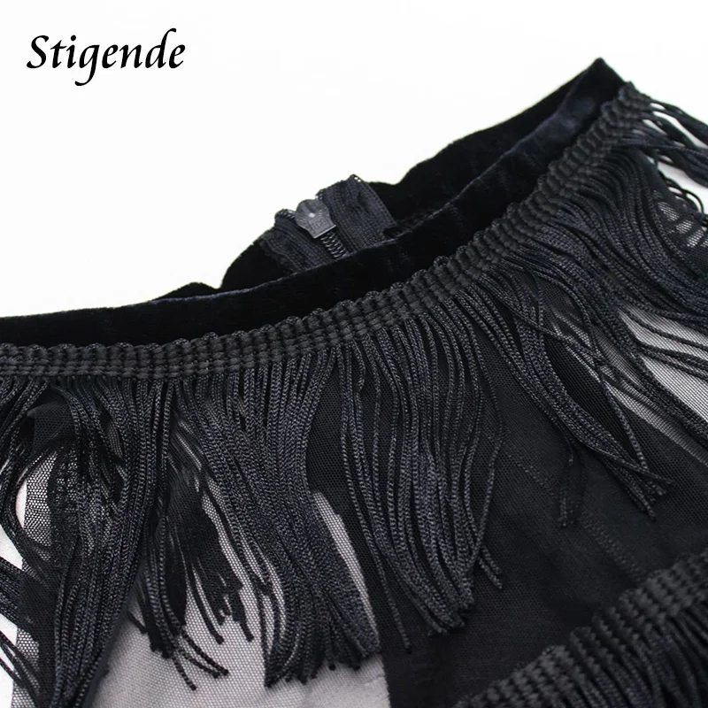 Stigende Сексуальная See Through Сетка кисточкой мини-платье Для женщин без рукавов
