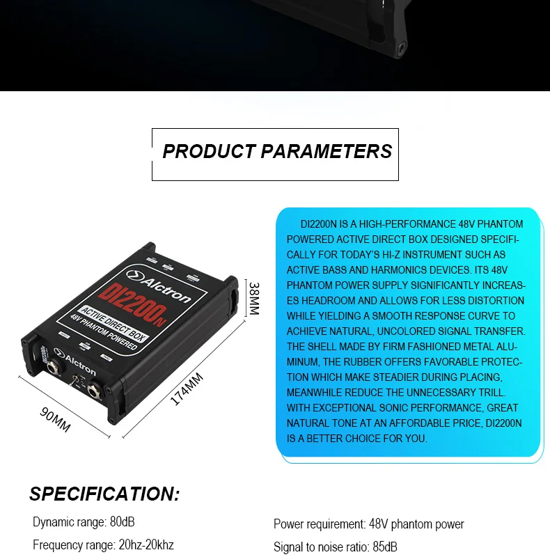 Alctron DI2200N 48V phantom powered active DI box стерео Прямая Коробка для электрогитары, бас, гармоник устройств