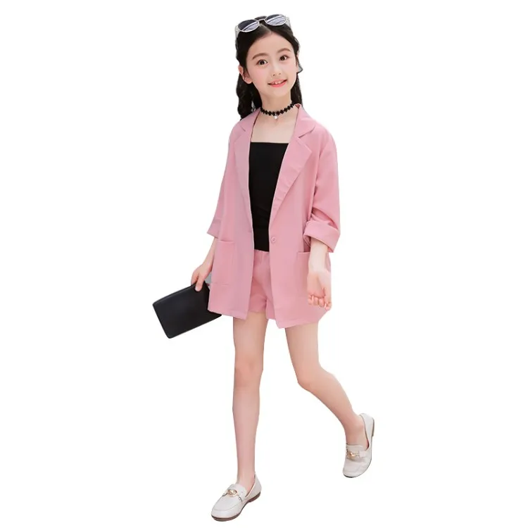 British Style Girls Casual Suit 3 Pcs Spring Fall New Children's Long Plaid Coat + Camisole Tops Shorts Kids Clothes X177 | Детская