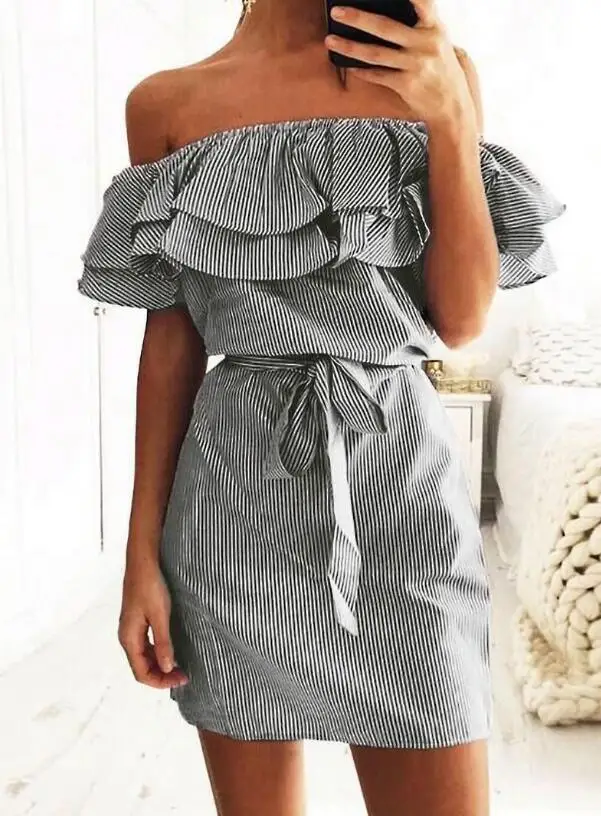 Летнее платье для Для женщин Полосатый оборками Slash шеи облегающее мини вечерние