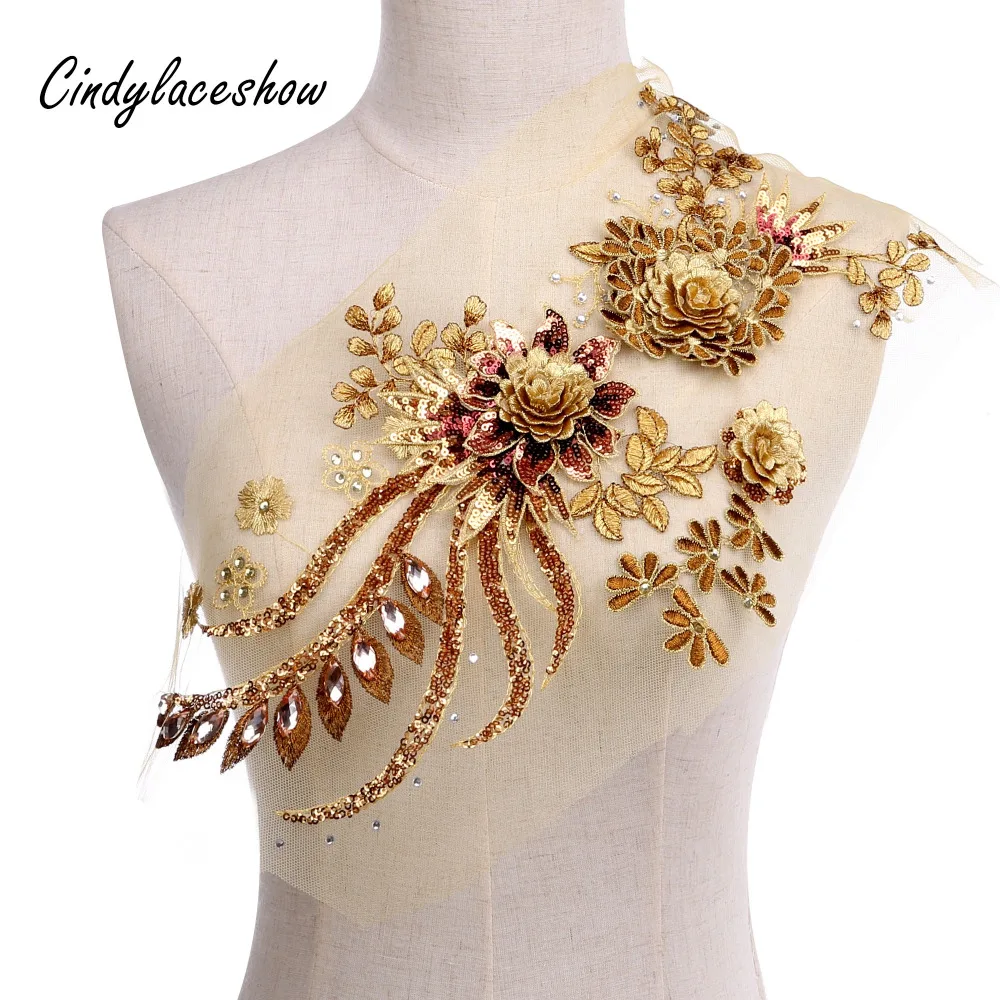 Большие блестки Пион Цветочные бисером кружева аппликация Rhineston костюм кружевной отделкой Вышитые свадебное платье Швейные кружевные мотивы золотой красный
