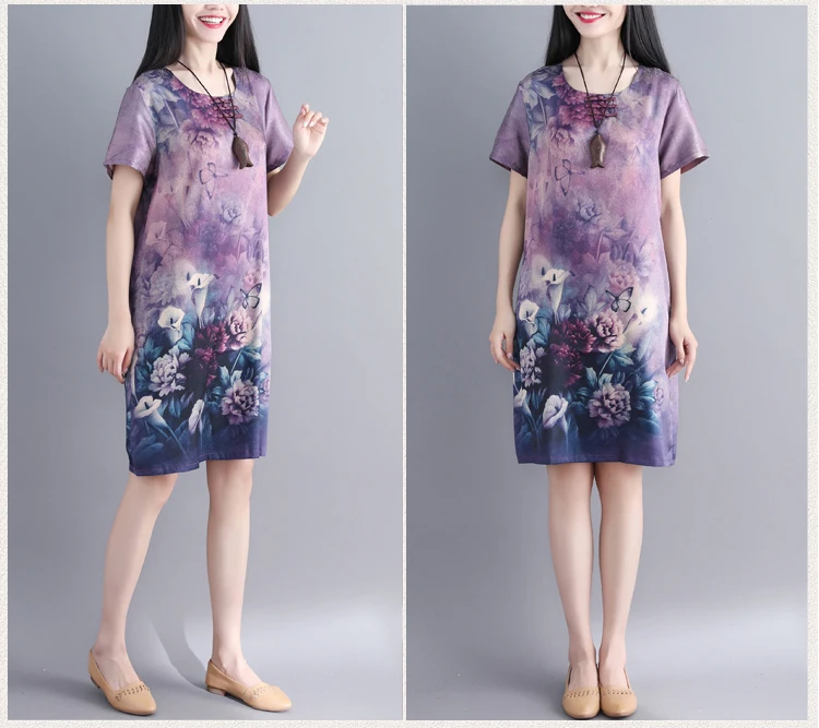 Vintage Big Size Flower print Short Sleeve Silk Dress 2018 Summer Retro Tie Dye O- Neck Plus Tunic Loose Vestidos | Женская одежда