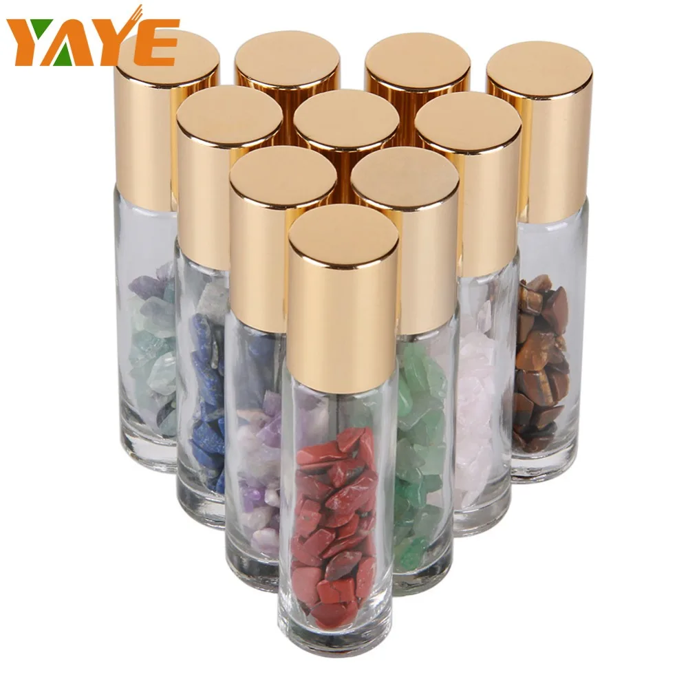 Yaye 10 мл Натуральные полудрагоценные камни эфирное масло драгоценных камней бутылки с шариковым дозатором прозрачное стекло целебные хрустальные чипы 10 шт
